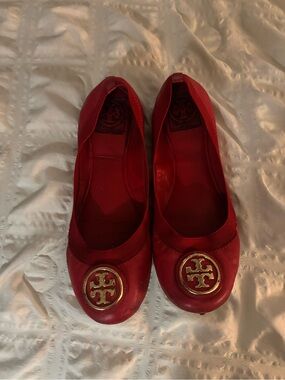 Tory Burch Red Leather Logo Ballet Flats with Gold Emblem